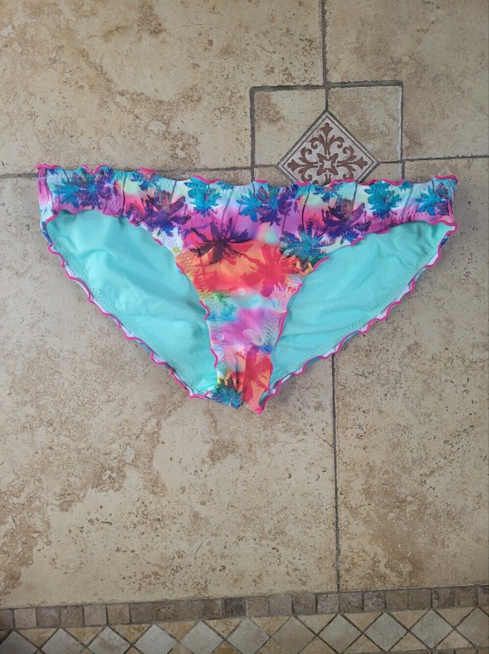 OP Tropical Bikini Bottom with Pink Trim and Multicolor Edge